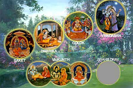 The six Divine dimensions (abodes of God): Saket, Swarika, Golok, Vrindaban, Vaikunth, Brahm Drav.